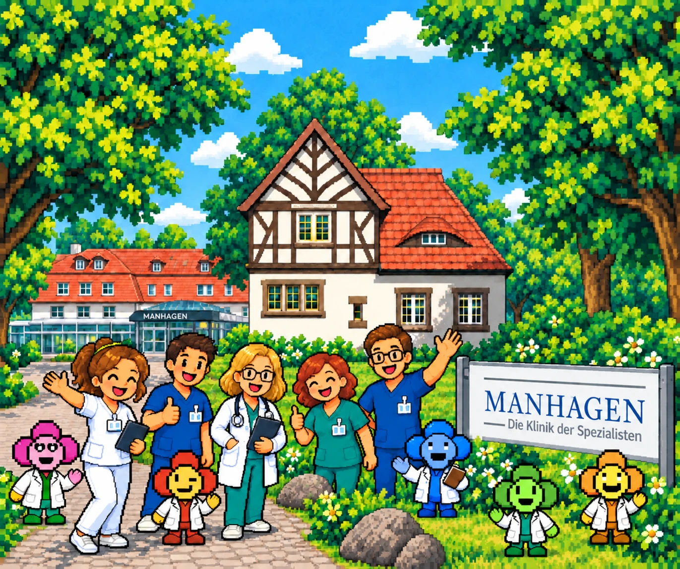Pixelillustration der Klinik Manhagen mit Klinikteam und Minions